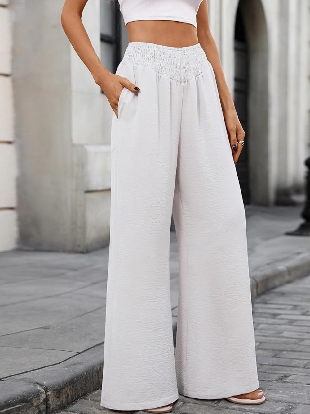 Chic Nation Wide-Leg Smocked Waist Pants — White